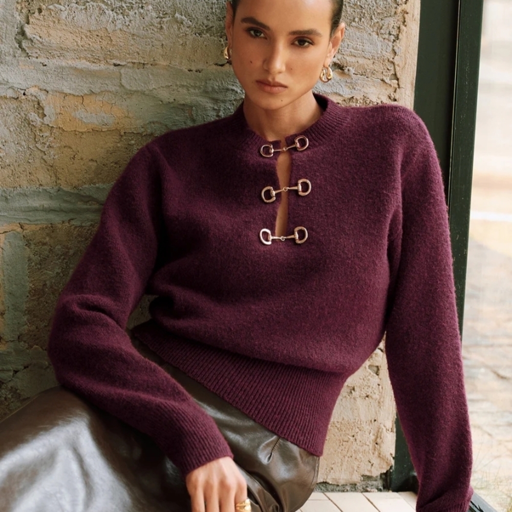 Commense Plum Crewneck Sweater with Metal Toggle Closures
